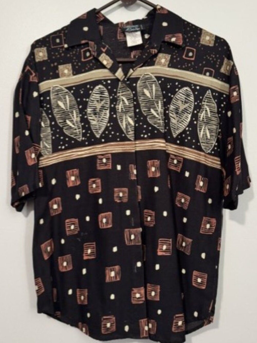 Woman's Michele Leslie Short Sleeve Button Down Shirt Color Black/Brown Sz Med